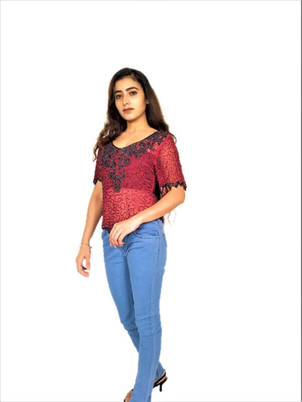Women Zariwork Solid Red Half Sleeve Wide Round Neck Top - Image 7