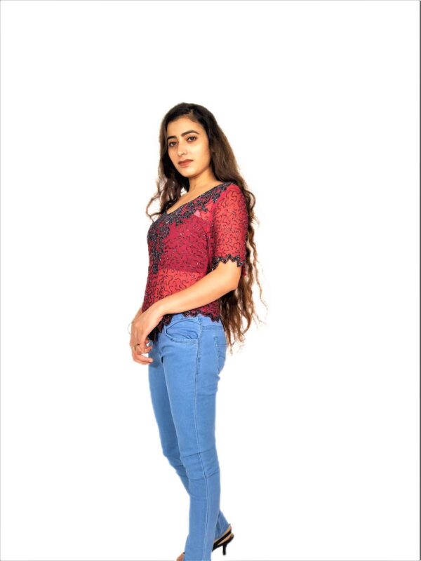 Women Zariwork Solid Red Half Sleeve Wide Round Neck Top - Image 8