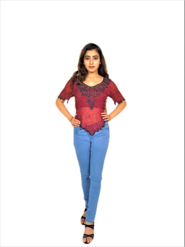 Women Zariwork Solid Red Half Sleeve Wide Round Neck Top - Image 9