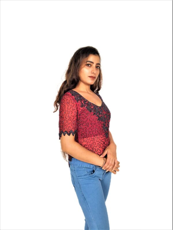 Women Zariwork Solid Red Half Sleeve Wide Round Neck Top - Image 11