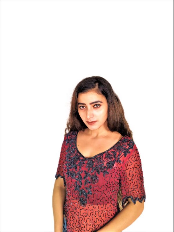 Women Zariwork Solid Red Half Sleeve Wide Round Neck Top - Image 16
