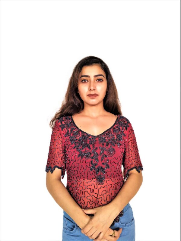 Women Zariwork Solid Red Half Sleeve Wide Round Neck Top - Image 18