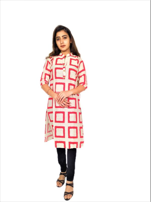 Red Square Print On Cream Base – Cotton Net Fabric Kurti For Women