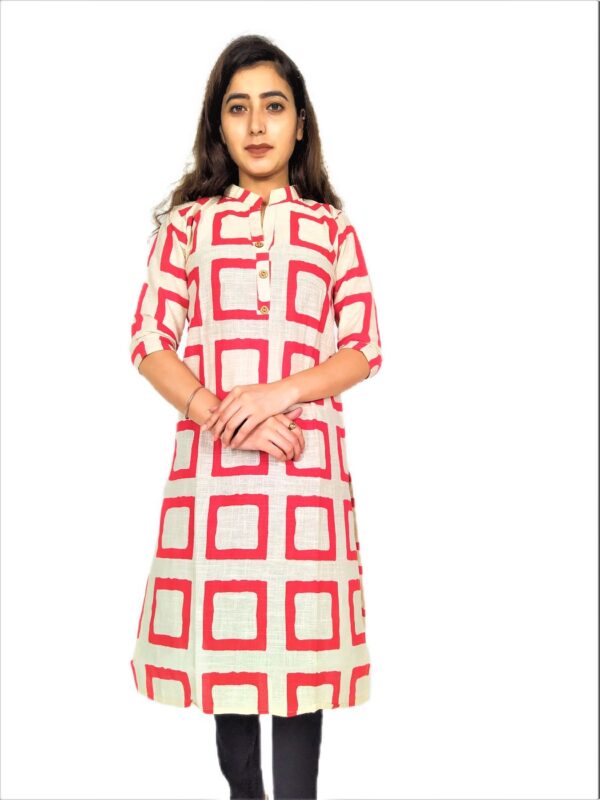 Red Square Print On Cream Base – Cotton Net Fabric Kurti For Women - Image 2