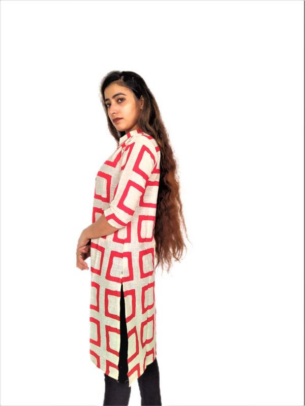Red Square Print On Cream Base – Cotton Net Fabric Kurti For Women - Image 3