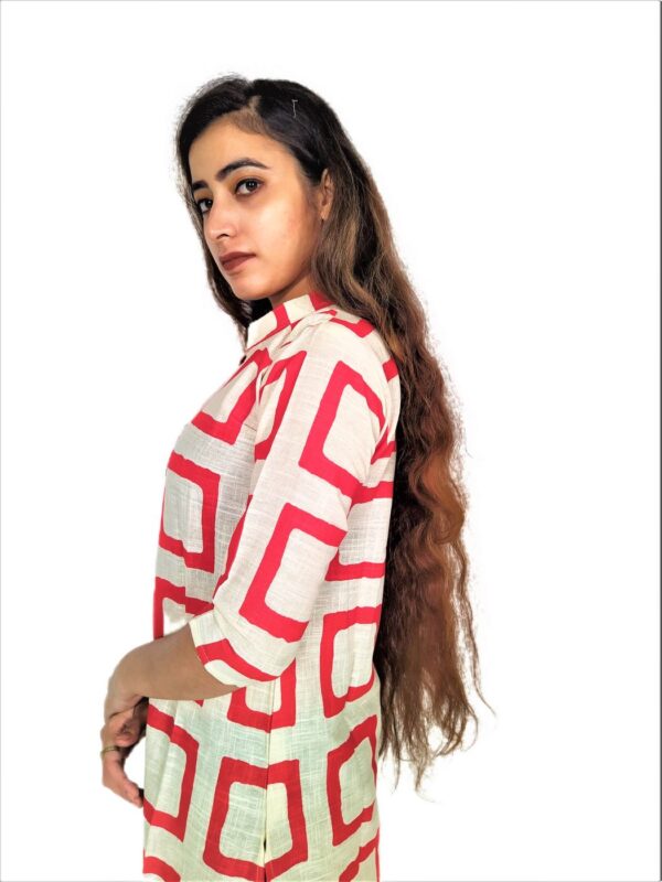 Red Square Print On Cream Base – Cotton Net Fabric Kurti For Women - Image 4