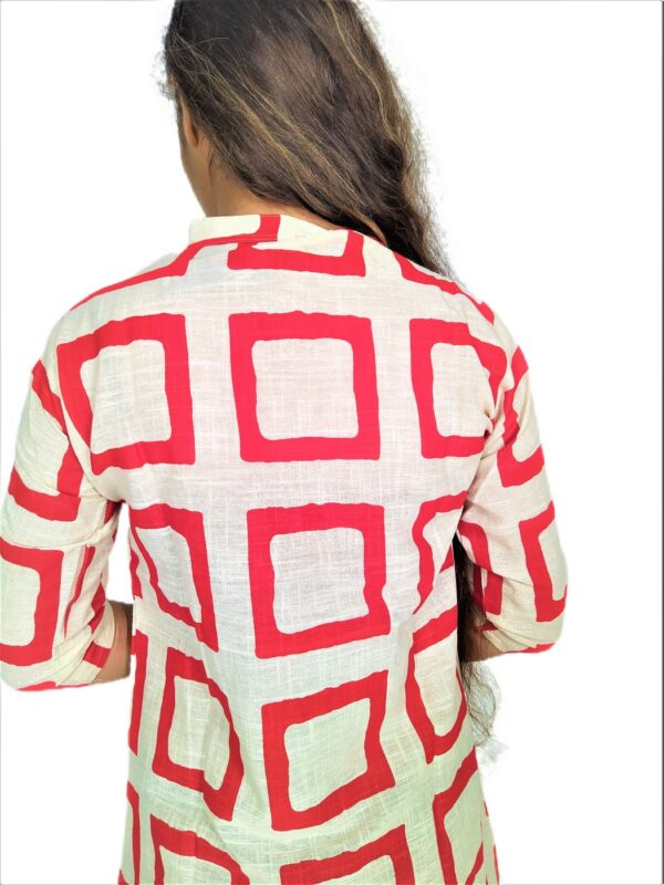 Red Square Print On Cream Base – Cotton Net Fabric Kurti For Women - Image 5