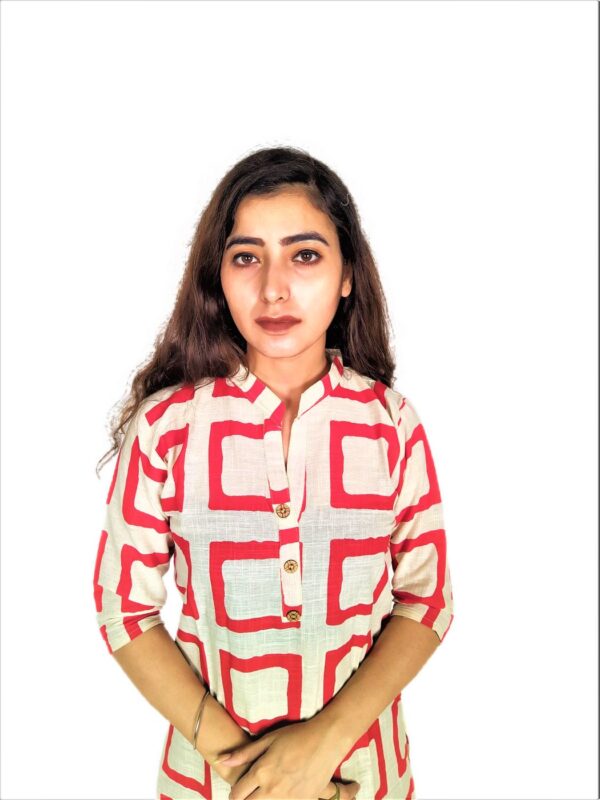 Red Square Print On Cream Base – Cotton Net Fabric Kurti For Women - Image 6
