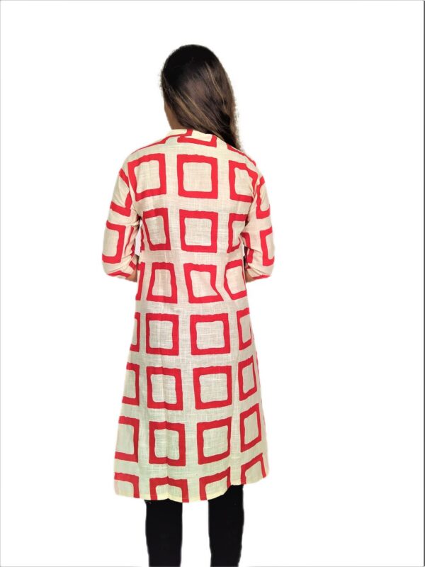 Red Square Print On Cream Base – Cotton Net Fabric Kurti For Women - Image 7