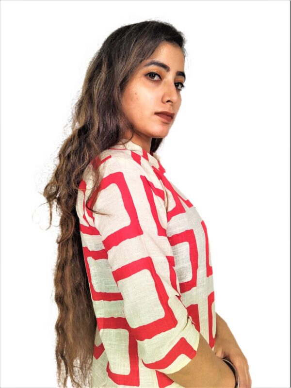 Red Square Print On Cream Base – Cotton Net Fabric Kurti For Women - Image 8