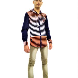 Men's Black Striped Orange Base Hooded Shirt