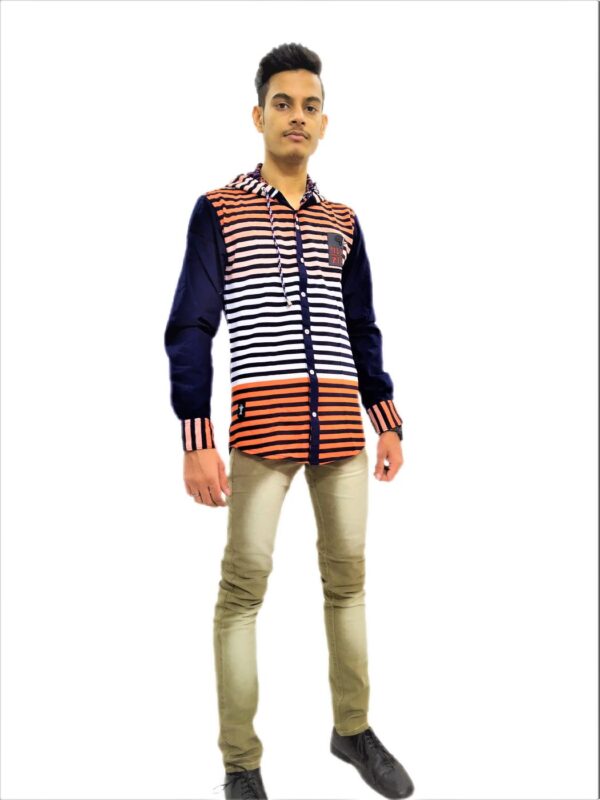 Men's Black Striped Orange Base Hooded Shirt