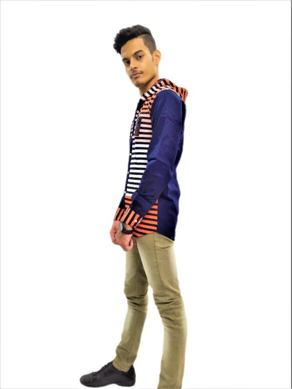 Men's Black Striped Orange Base Hooded Shirt - Image 3