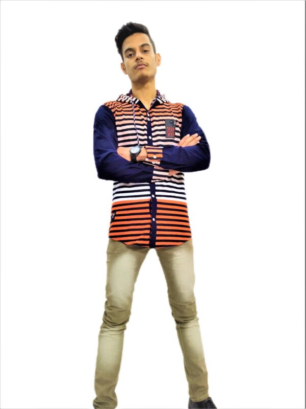 Men's Black Striped Orange Base Hooded Shirt - Image 4