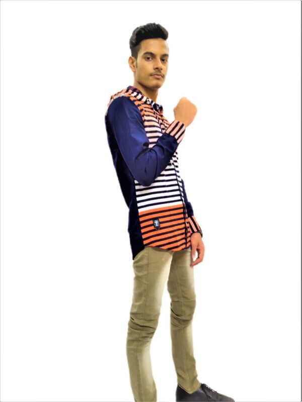 Men's Black Striped Orange Base Hooded Shirt - Image 5