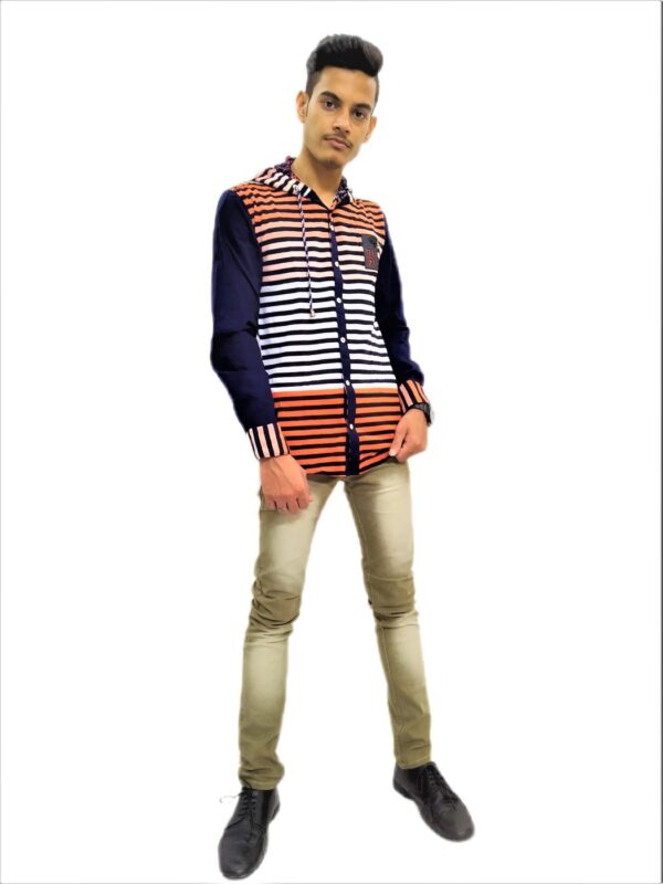 Men's Black Striped Orange Base Hooded Shirt - Image 6