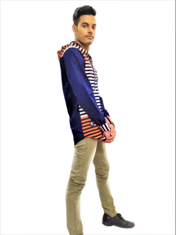 Men's Black Striped Orange Base Hooded Shirt - Image 8