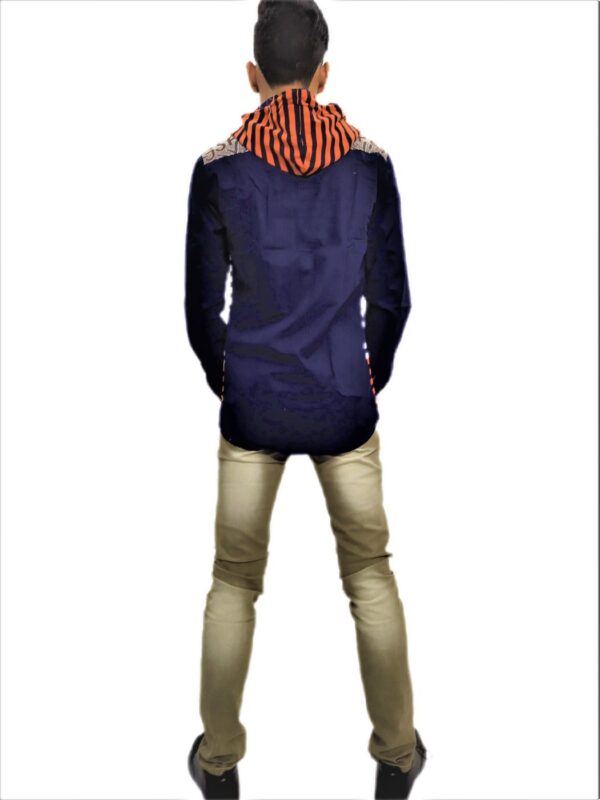 Men's Black Striped Orange Base Hooded Shirt - Image 9