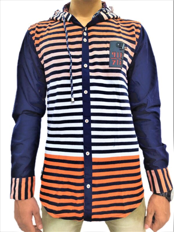 Men's Black Striped Orange Base Hooded Shirt - Image 12