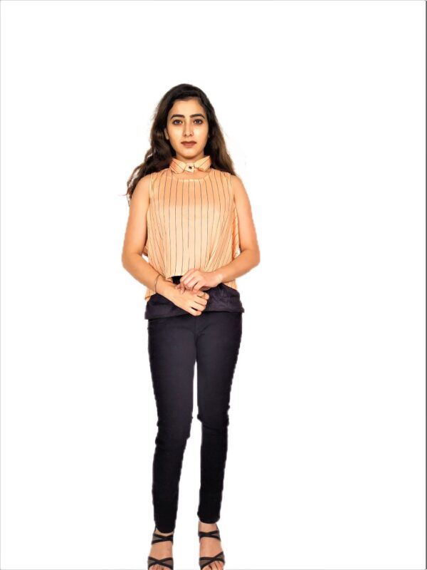 Cream (Badami) Color Ruffle Design Sleeveless Top with Collar-Neck and Inner T-Shirt