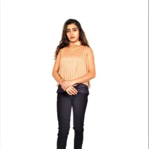Alternative view of Cream (Badami) Color Ruffle Design Sleeveless Top with Collar-Neck and Inner T-Shirt
