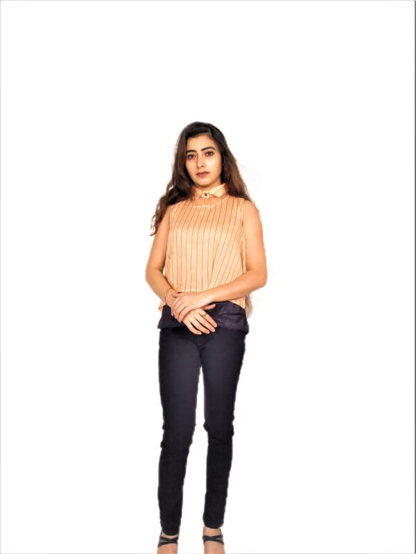 Cream (Badami) Color Ruffle Design Sleeveless Top with Collar-Neck and Inner T-Shirt - Image 2