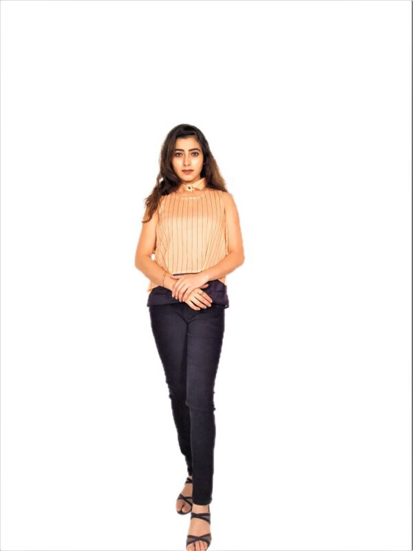Cream (Badami) Color Ruffle Design Sleeveless Top with Collar-Neck and Inner T-Shirt - Image 3