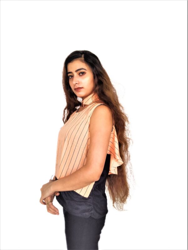 Cream (Badami) Color Ruffle Design Sleeveless Top with Collar-Neck and Inner T-Shirt - Image 4