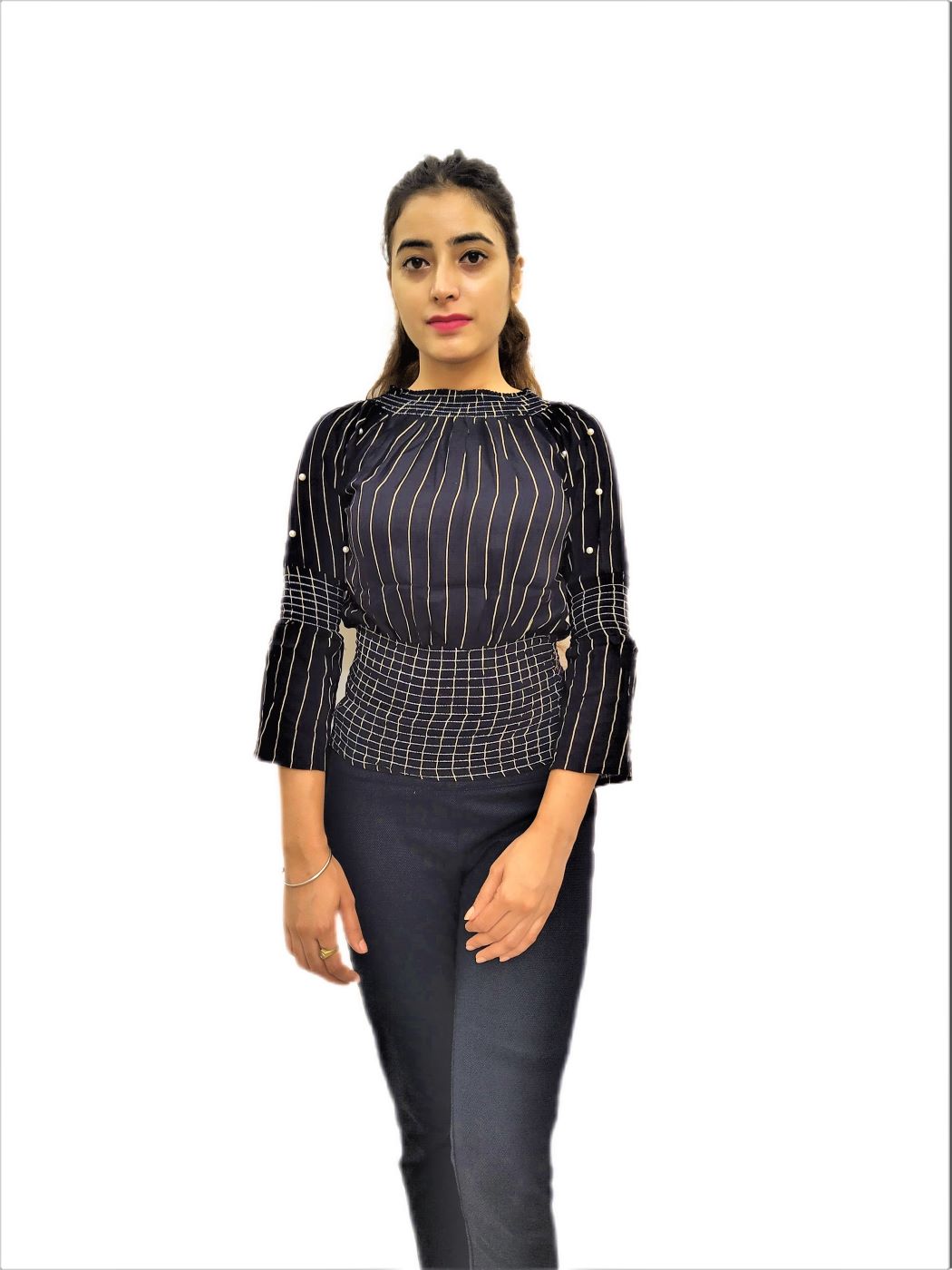 Women's Black Elastic Waist Lining Print Design Regular Fit Top