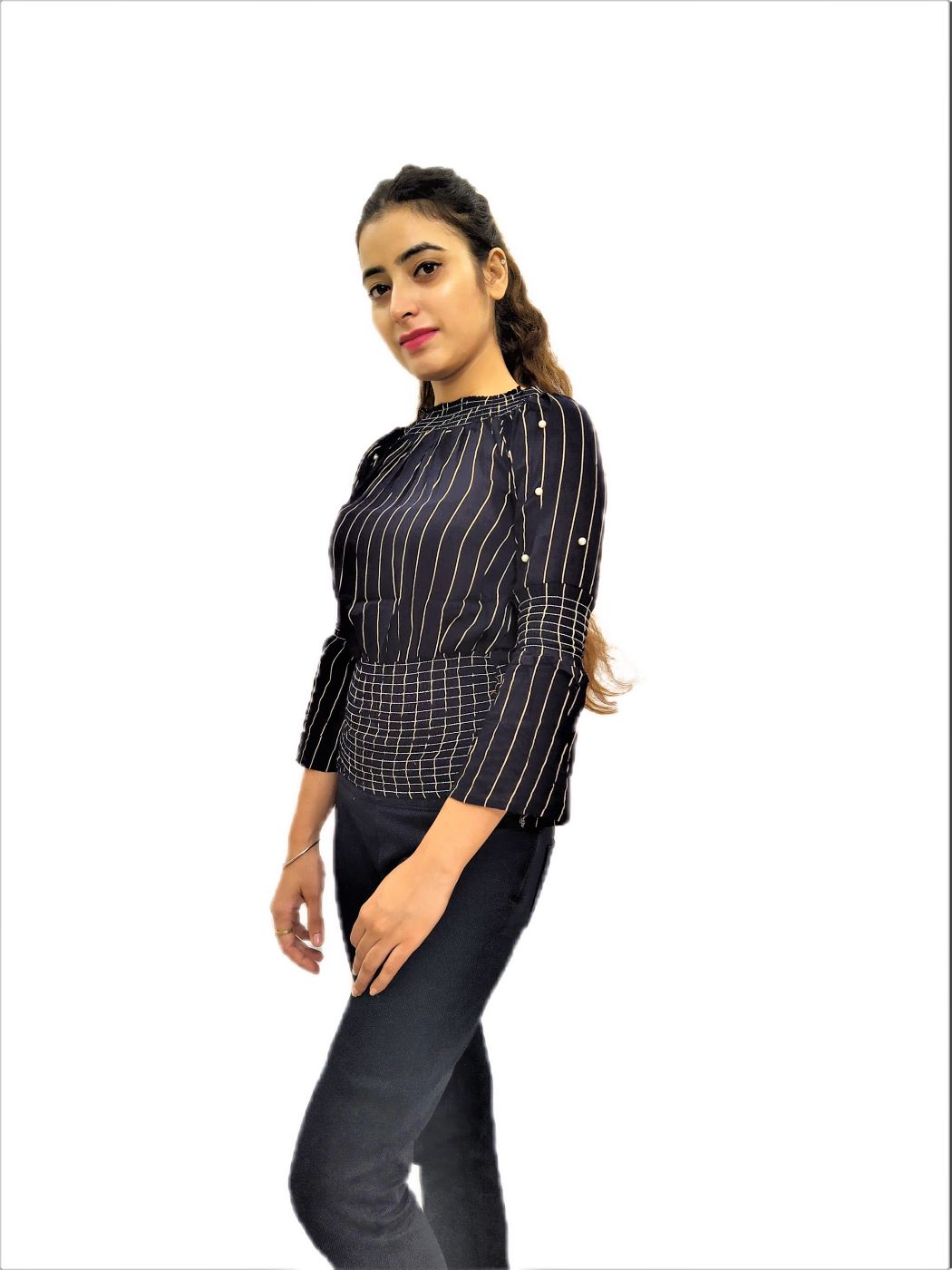 Women's Black Elastic Waist Lining Print Design Regular Fit Top - Image 2