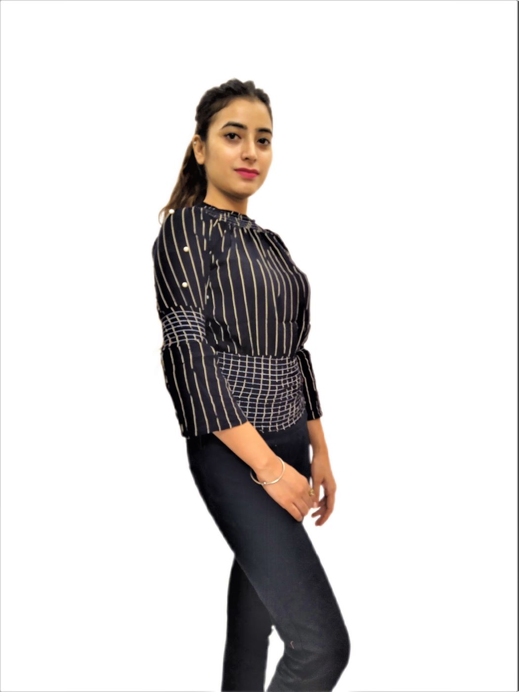 Women's Black Elastic Waist Lining Print Design Regular Fit Top - Image 3