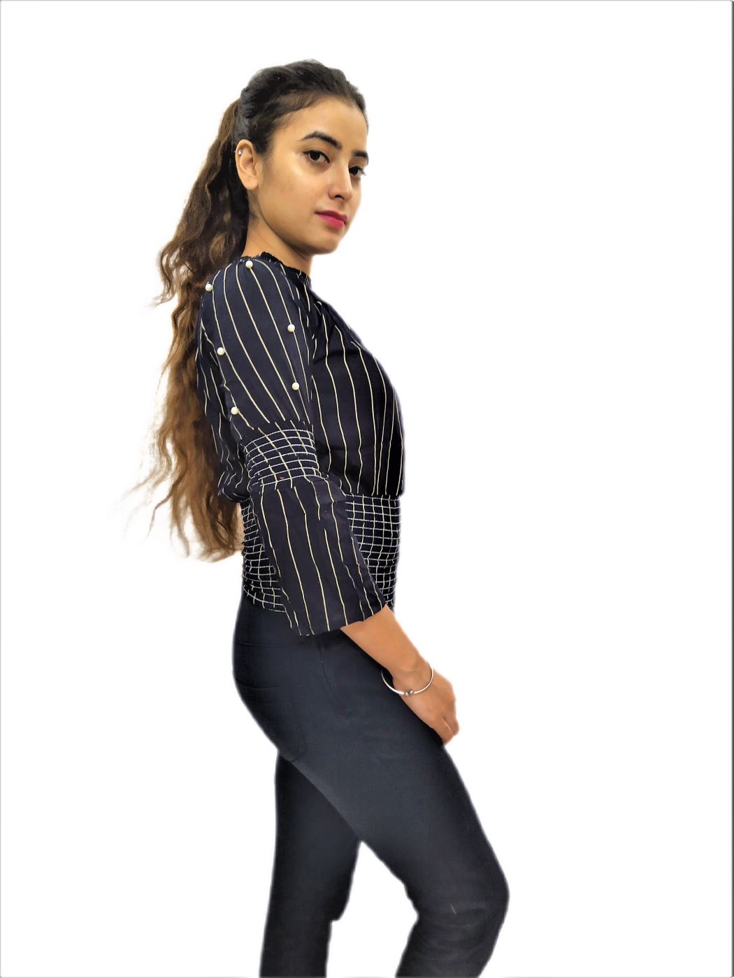 Women's Black Elastic Waist Lining Print Design Regular Fit Top - Image 4