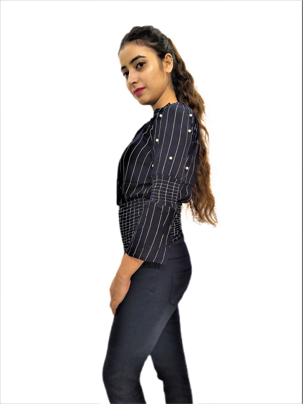 Women's Black Elastic Waist Lining Print Design Regular Fit Top - Image 5