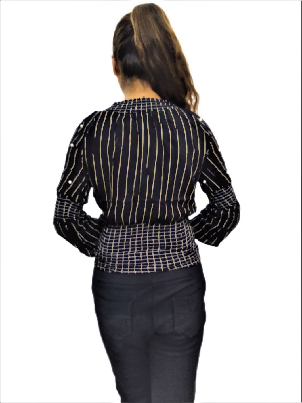 Women's Black Elastic Waist Lining Print Design Regular Fit Top - Image 6