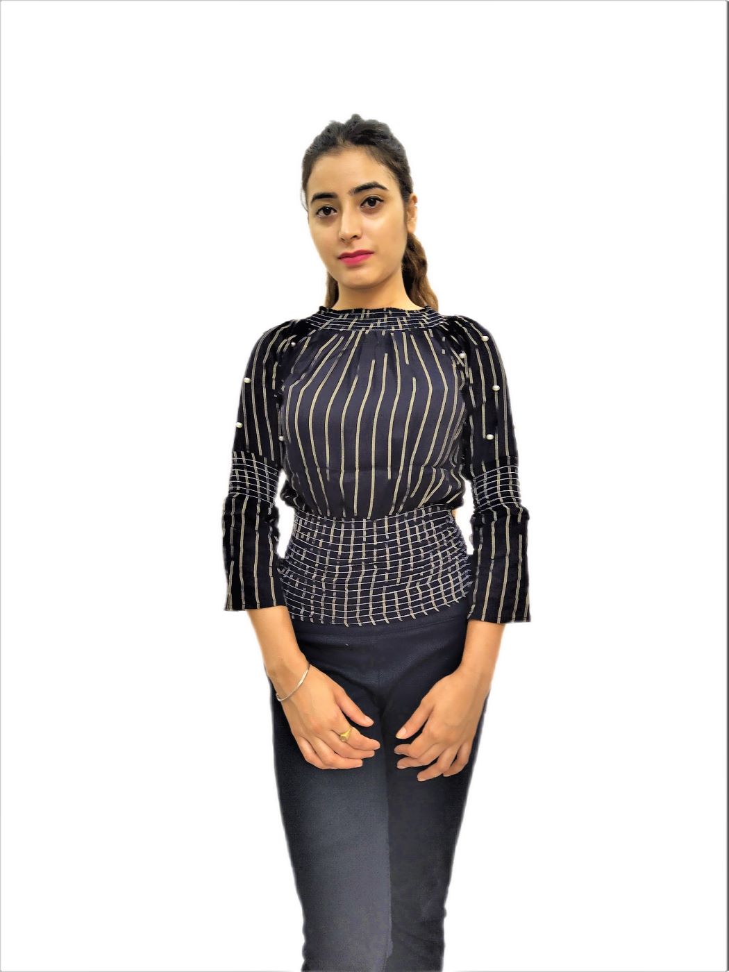 Women's Black Elastic Waist Lining Print Design Regular Fit Top - Image 7