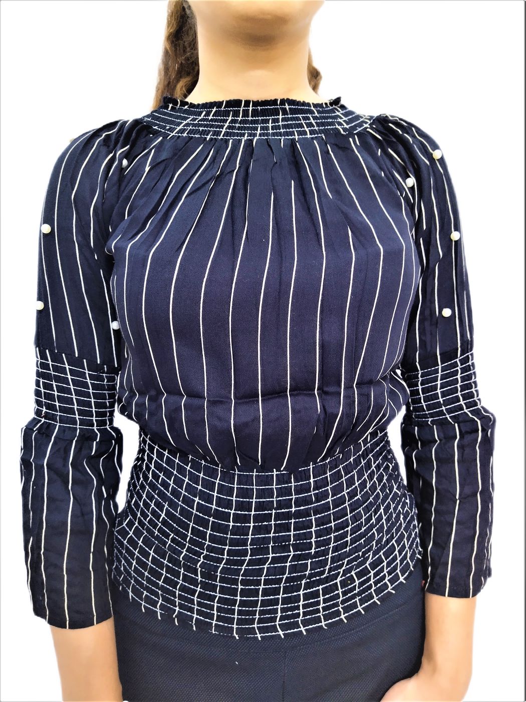 Women's Black Elastic Waist Lining Print Design Regular Fit Top - Image 9