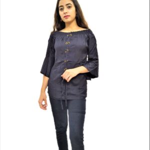 Women’s Black Solid Stretchable Wide Round Neck Regular Wear Top