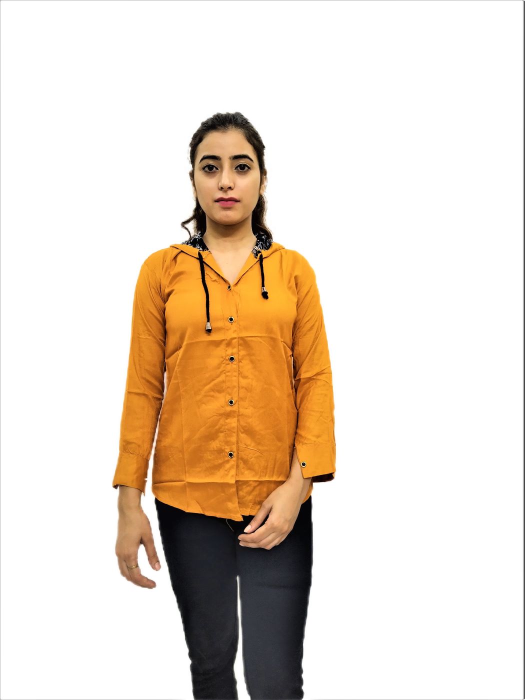 Women’s Yellow (Mustard) Hooded Neck Button Front Sweatshirt