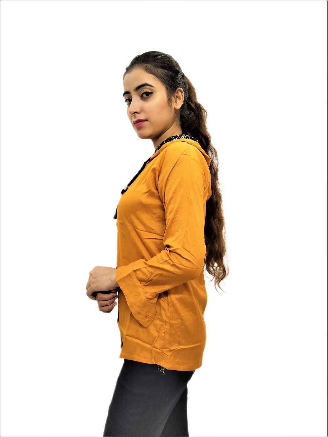 Women’s Yellow (Mustard) Hooded Neck Button Front Sweatshirt - Image 5