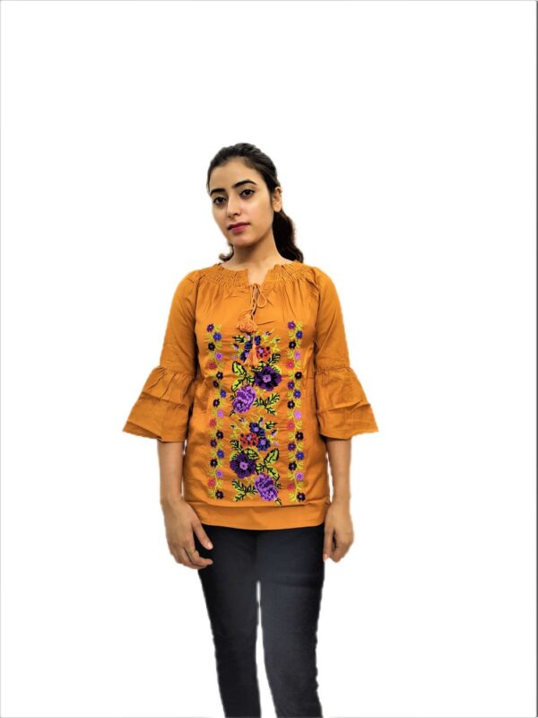 Women's Yellow (Mustard) Rayon Embroidered Regular Fit Top