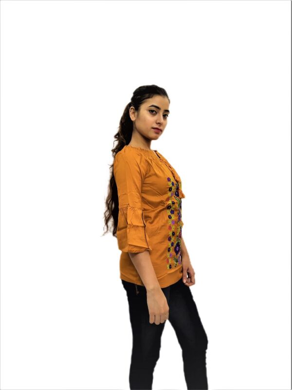 Women's Yellow (Mustard) Rayon Embroidered Regular Fit Top - Image 2