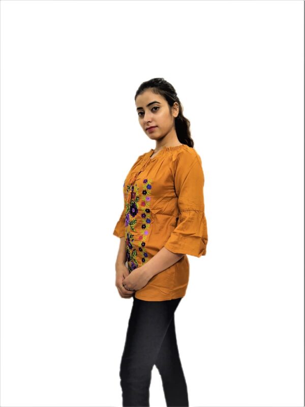 Women's Yellow (Mustard) Rayon Embroidered Regular Fit Top - Image 3