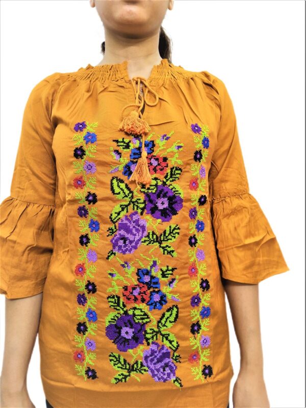 Women's Yellow (Mustard) Rayon Embroidered Regular Fit Top - Image 6