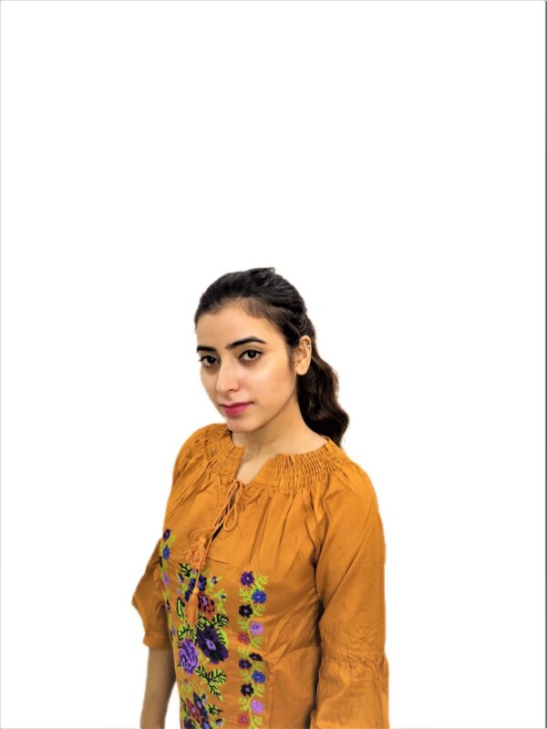 Women's Yellow (Mustard) Rayon Embroidered Regular Fit Top - Image 7