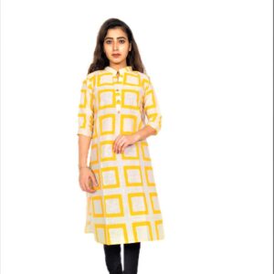 Yellow Square Print On Cream Base Color – Cotton Net Fabric Kurti For Women