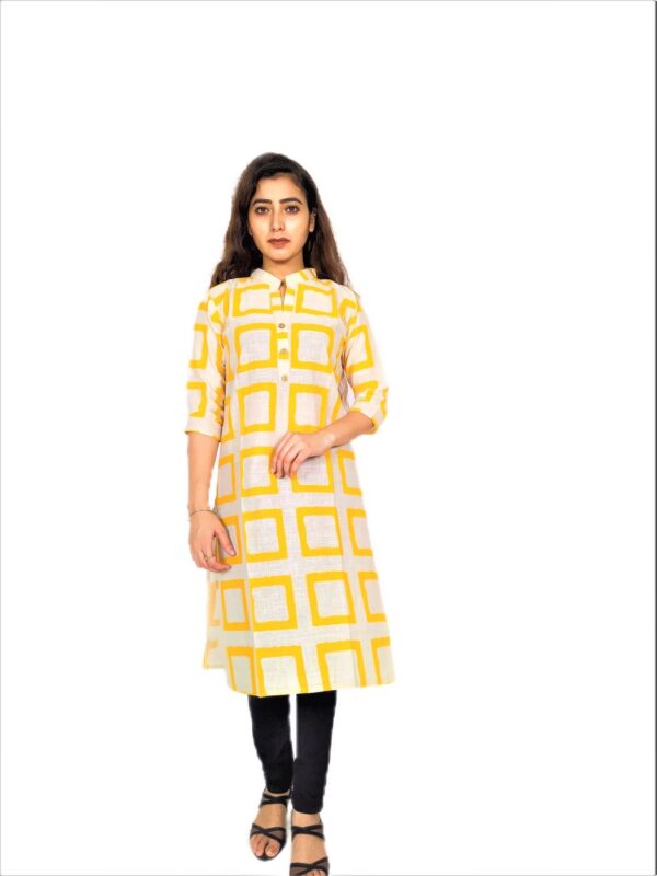 Yellow Square Print On Cream Base Color – Cotton Net Fabric Kurti For Women