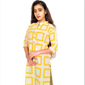 Alternative view of Yellow Square Print On Cream Base Color – Cotton Net Fabric Kurti For Women