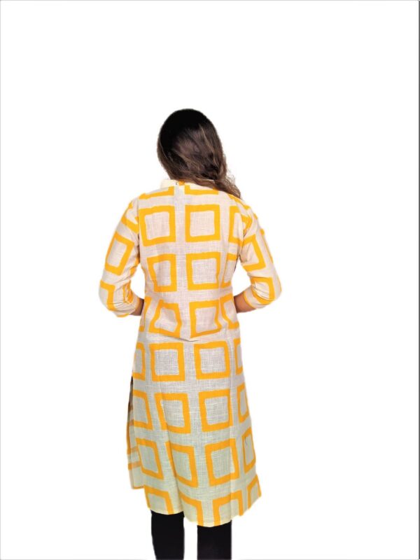 Yellow Square Print On Cream Base Color – Cotton Net Fabric Kurti For Women - Image 4