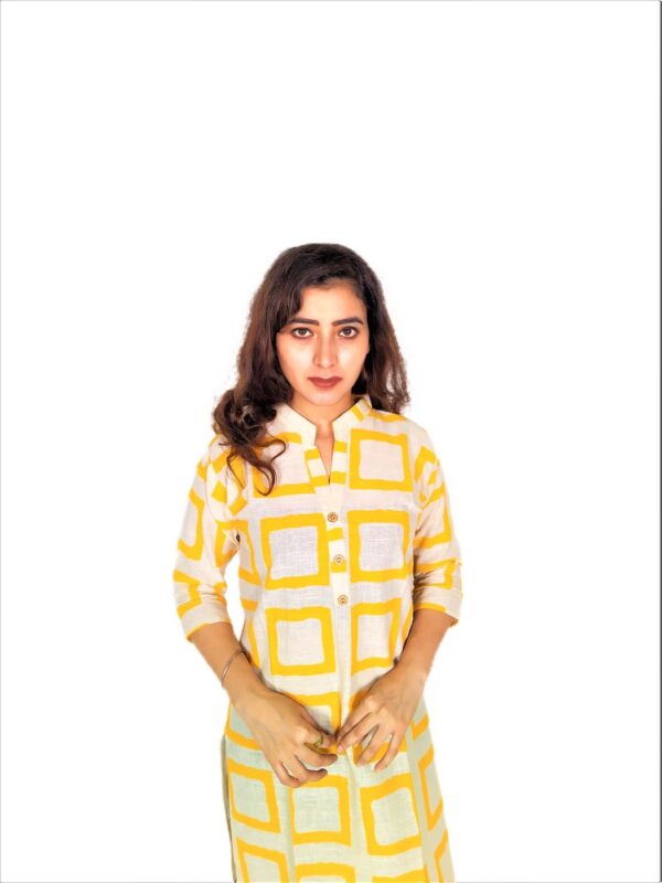 Yellow Square Print On Cream Base Color – Cotton Net Fabric Kurti For Women - Image 6