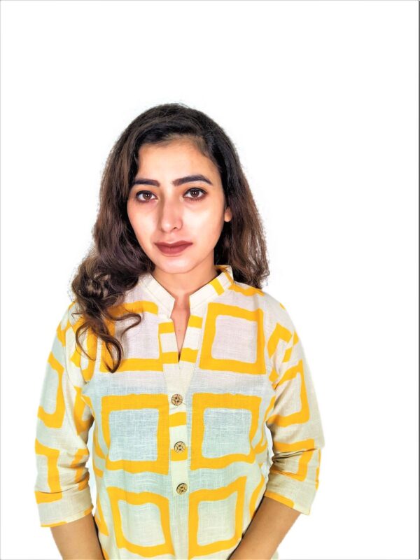 Yellow Square Print On Cream Base Color – Cotton Net Fabric Kurti For Women - Image 8